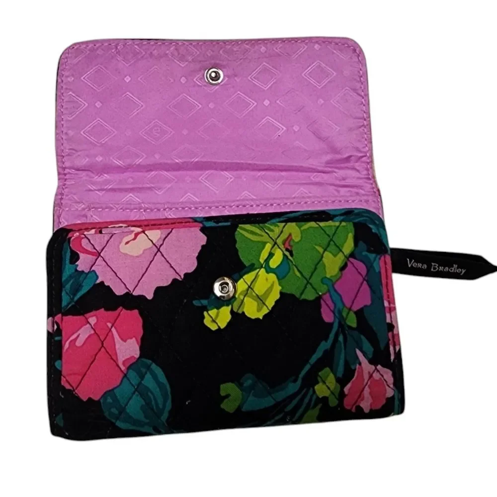 Vera Bradley Euro Wallet Black Hilo Meadow Magenta Quilted Fabric Fold Over Snap